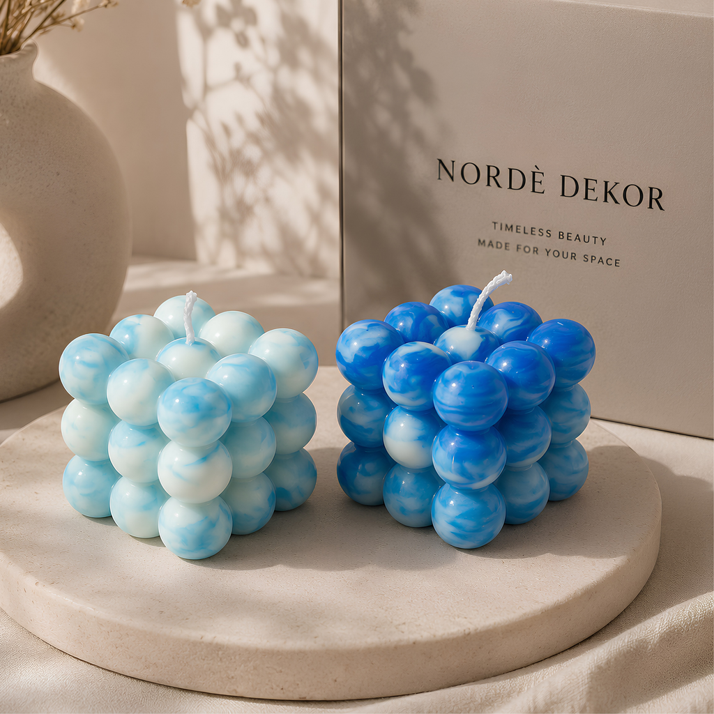 Norde Dekor Cloud Blue and Ocean Blue Marbled Bubble Cube Candles