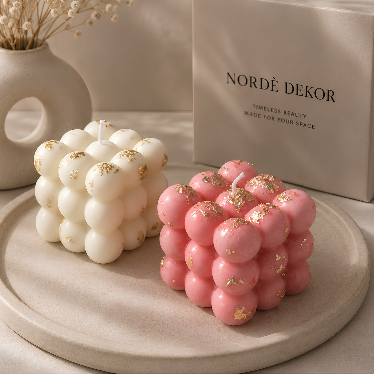 Norde Dekor Ivory Gold and Blush Gold Bubble Cube Candles
