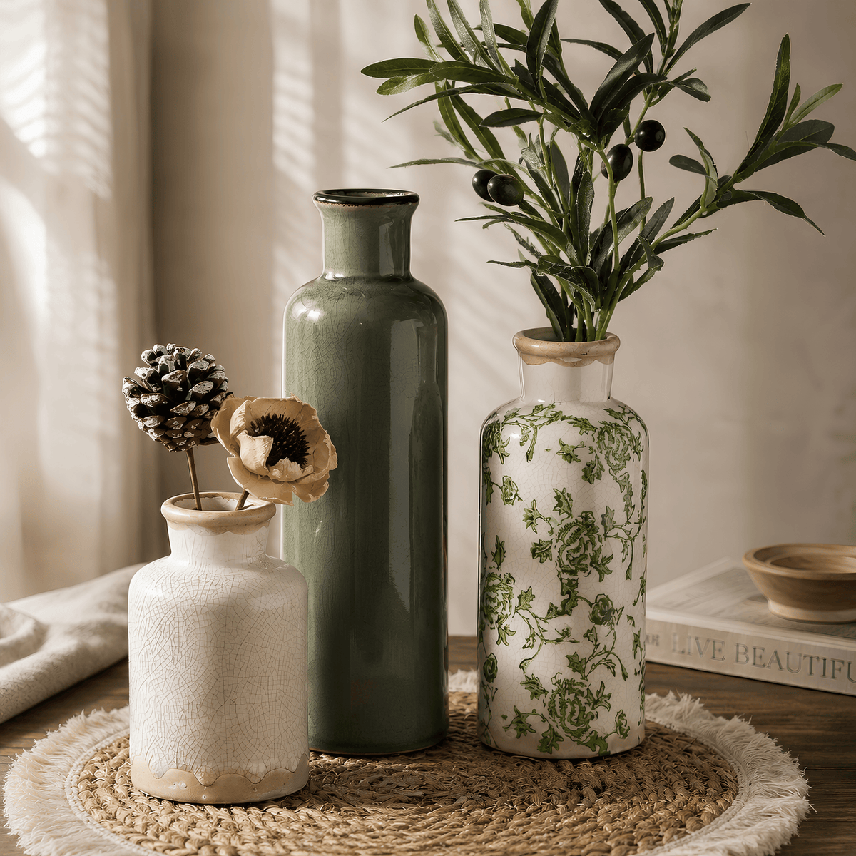 Vintage Botanica Vase Collection – Set of 3 Ceramic Chinoiserie Vases